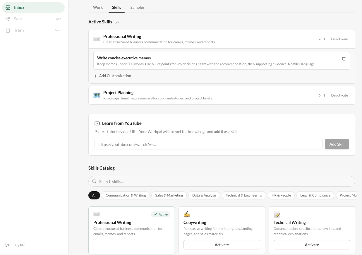 Workpal Skills Dashboard — activate skills, learn from YouTube